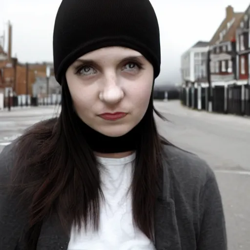 Image similar to an emo girl wearing a black beanie hat, British street background, 2006