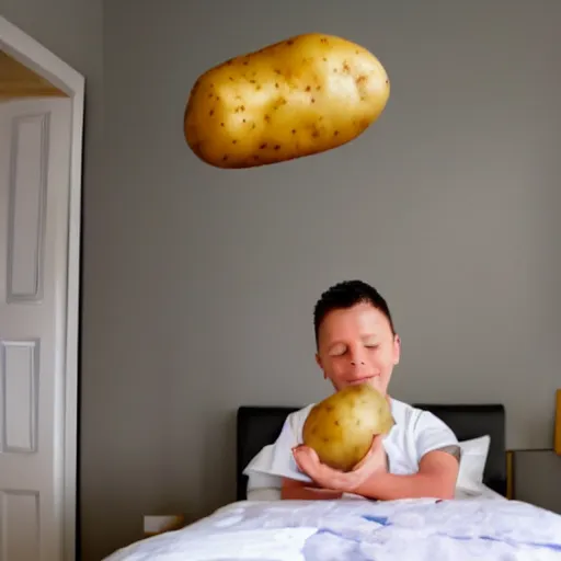 Prompt: a potato flying around a bedroom