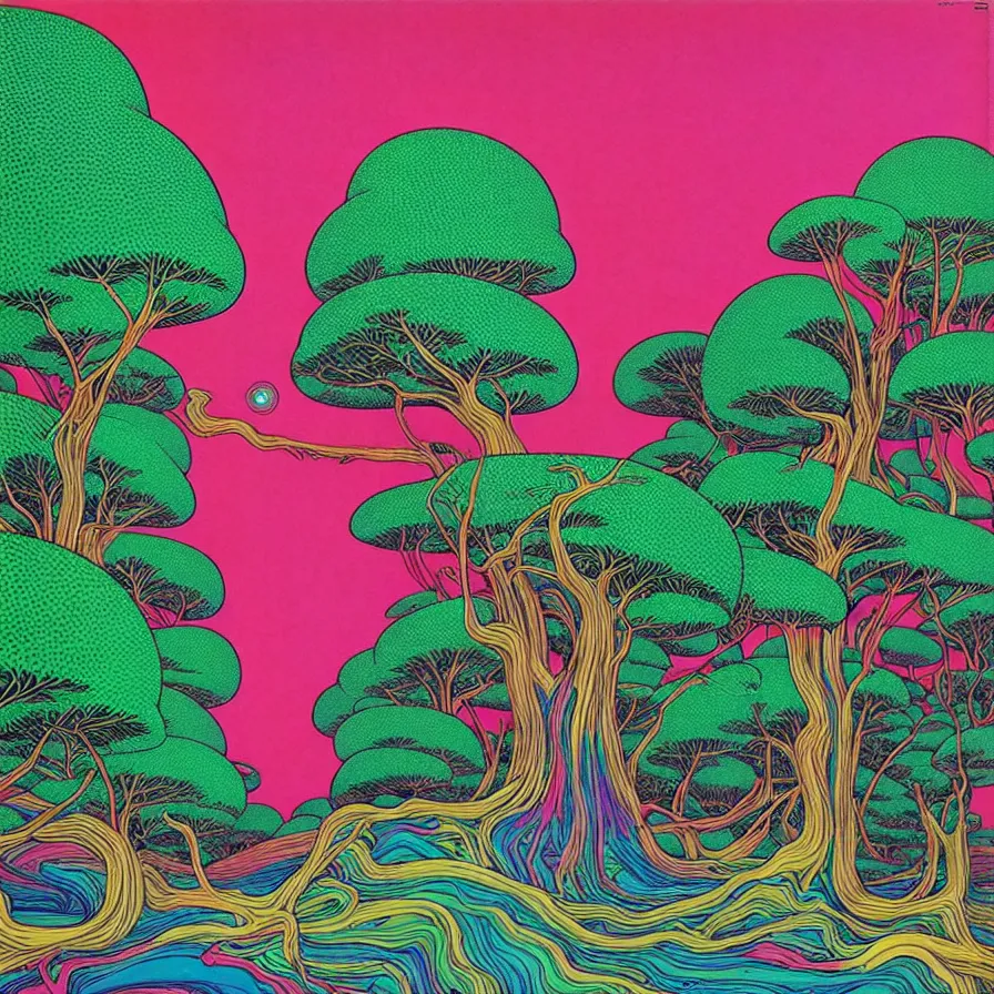 Prompt: ( ( ( ( ( forest on a mysterious planet ) ) ) ) ) by mœbius!!!!!!!!!!!!!!!!!!!!!!!!!!!, colorful, record jacket