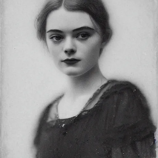 Image similar to headshot edwardian photograph of elle fanning, middle - aged, realistic face, trending on artstation, 1 9 1 0 s, 1 9 0 0 s, 1 9 2 0 s, grainy, victorian, detailed, slightly blurry