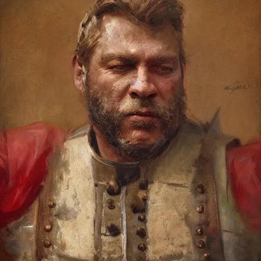 Image similar to Solomon Joseph Solomon and Richard Schmid and Jeremy Lipking victorian genre painting portrait painting of a old rugged movie actor medieval french english german knight character in fantasy costume, red background