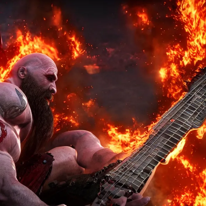 Image similar to kratos rocking out on a flaming stratocaster guitar, cinematic render, god of war 2 0 1 8, playstation studios official media