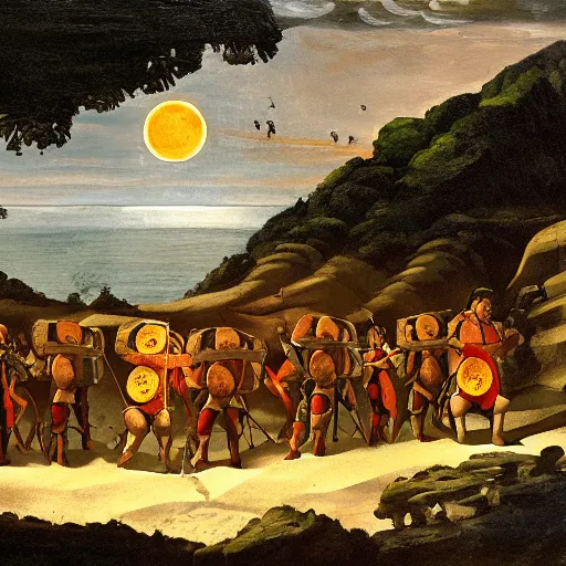 Image similar to A group of armoured Spanish conquistadors holding lanterns on a sandy beach Cove in middle of a magical forest in a dark night. Inca ruins in the background. Pale crescent moon in the sky. Painting by Michelangelo