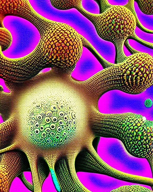 Image similar to stem cells, close up details, drawn by Ernst Haeckel, colorful, beeple rendering