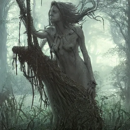 Prompt: rotten stem in the swamp at dusk, misty athmosphere, ultra realistic, concept art, intricate details, eerie, highly detailed, photorealistic, octane render, 8 k, unreal engine. art by ed binkley and ellen jewett and artgerm and greg rutkowski and alphonse mucha