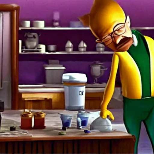 Image similar to a screenshot of Walter White cooking meth in Meet The Robinsons (2007) low quality, vhs quality,