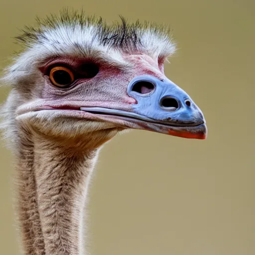 Prompt: ostrich with the head of a velociraptor, highly detailed photo