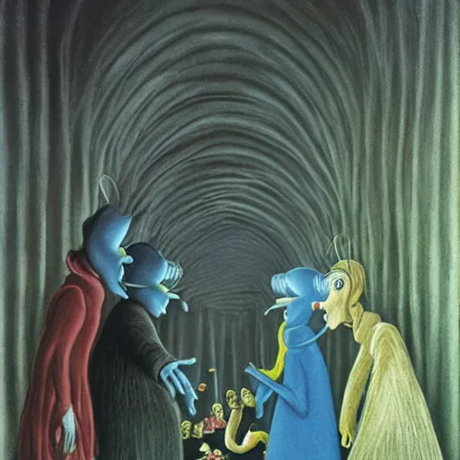 Prompt: the Smurfs by Remedios Varo