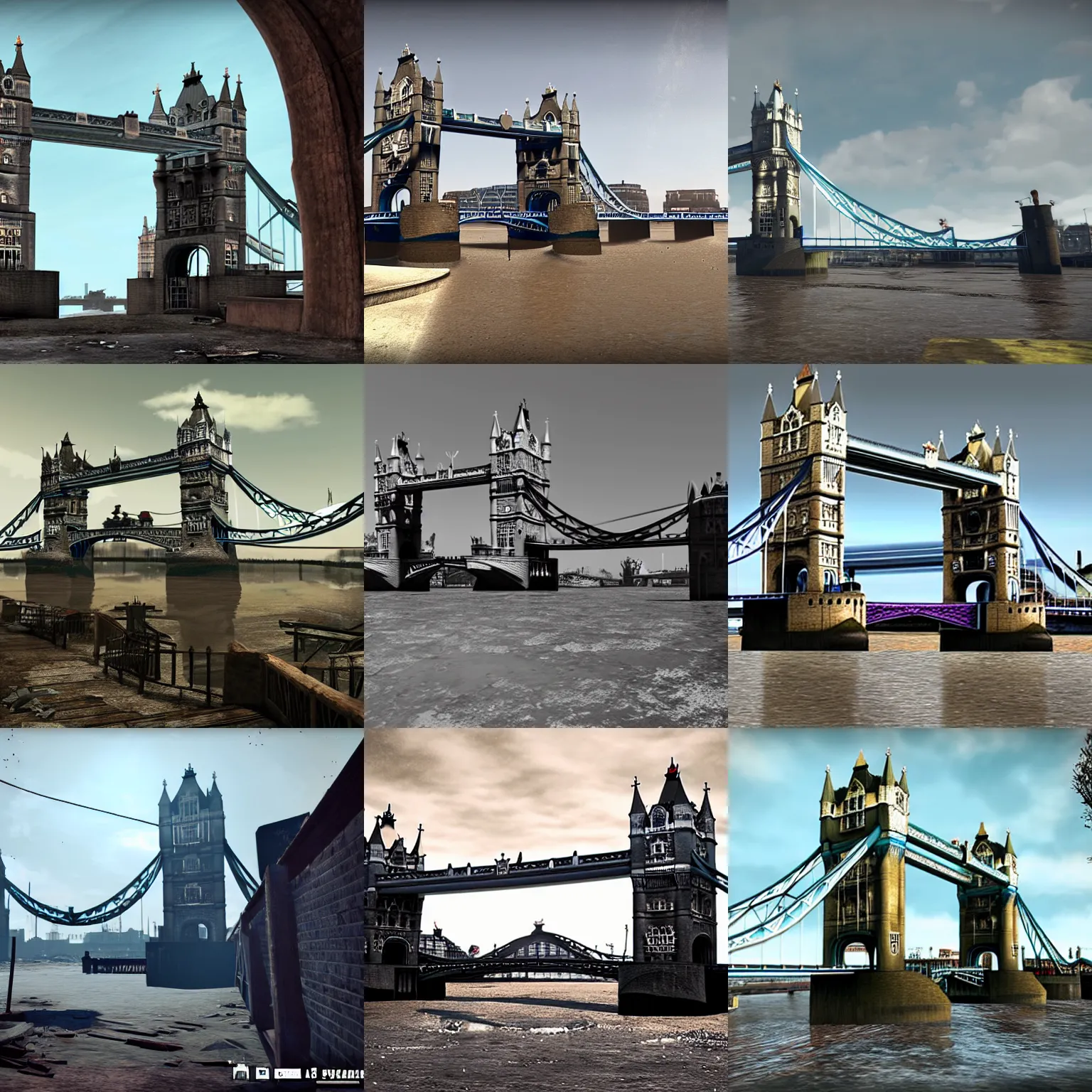 Prompt: desolate and dilapidated tower bridge in london, from'fallout 4'