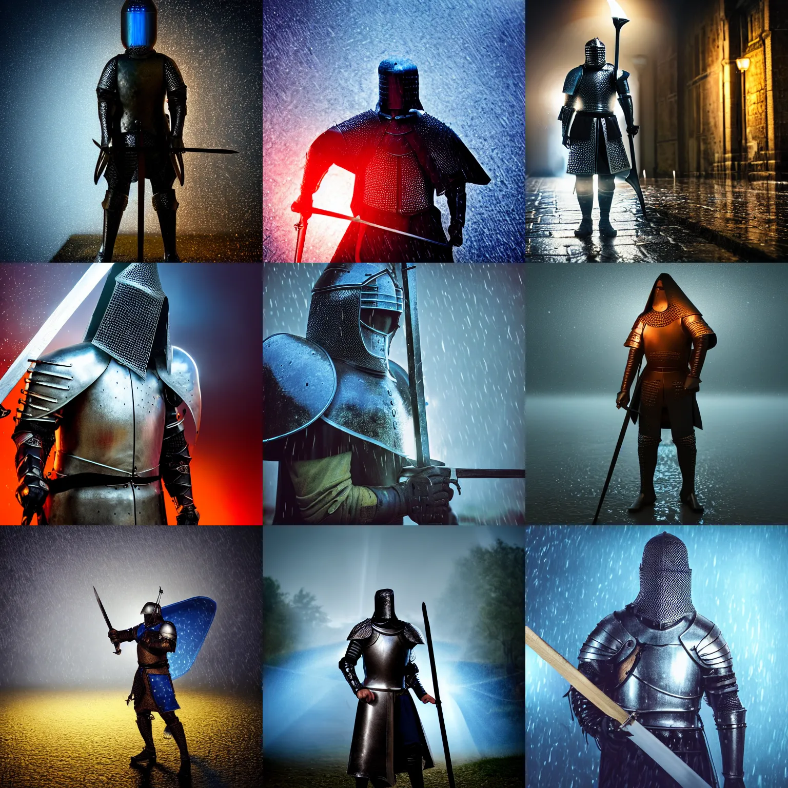 Prompt: ultra realistic character as a medieval knight staying in the rain with sword that almost glows with blue light shot from professional camera, rim light, rainy weather, vivid lights night time, dark mood