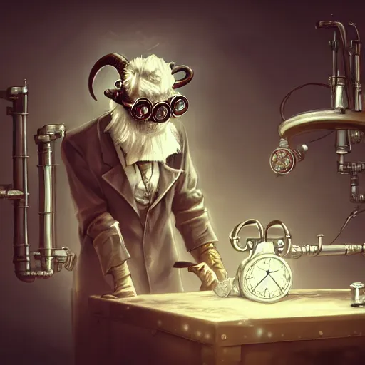 Image similar to a mad scientist goat in lab coat creating a time machine, steampunk style, digital art, trending on artstation and unreal engine, deviantart, smooth, hyper detailed, award - winning, hd