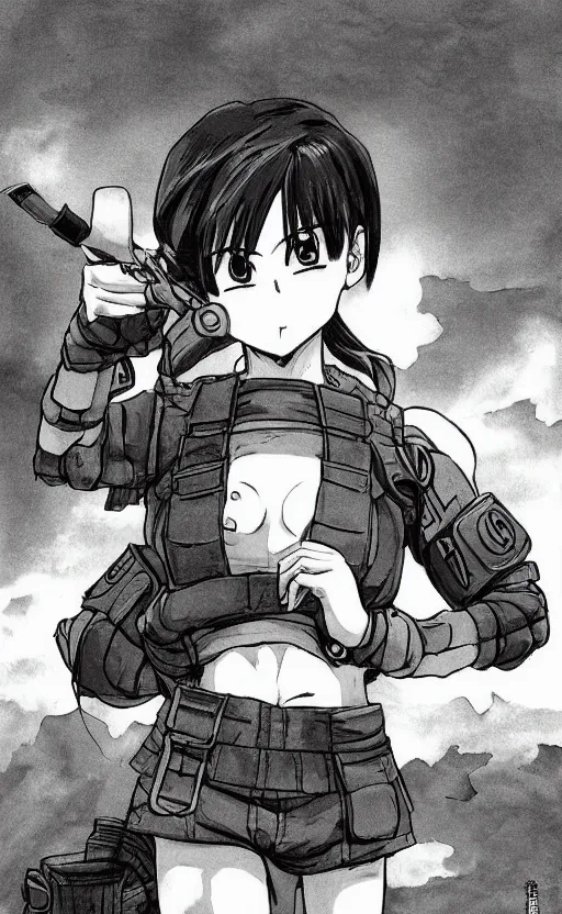 Image similar to manga, monochromatic, toriyama akira, soldier girl character, sandbags, soldier clothing