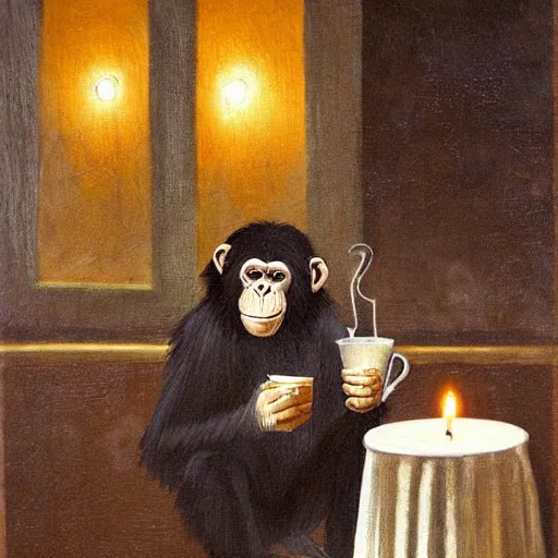 Prompt: Gothic painting of a chimpanzee serving coffee as a barista, in a night-time old-fashioned New York Cafe, candlelight, full shot,