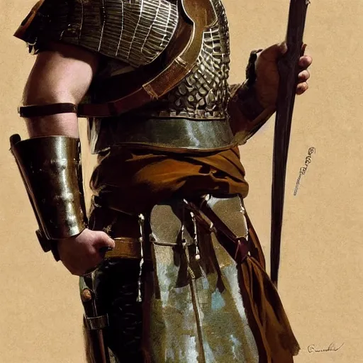 Prompt: detailed portrait of a 5 0 ad roman legionary wearing full roman equipment, jodhpurs greg manchess, painting by sargent and leyendecker, asymmetrical intricate elegant illustration gwent, by greg rutkowski, by greg tocchini, by craig mullins