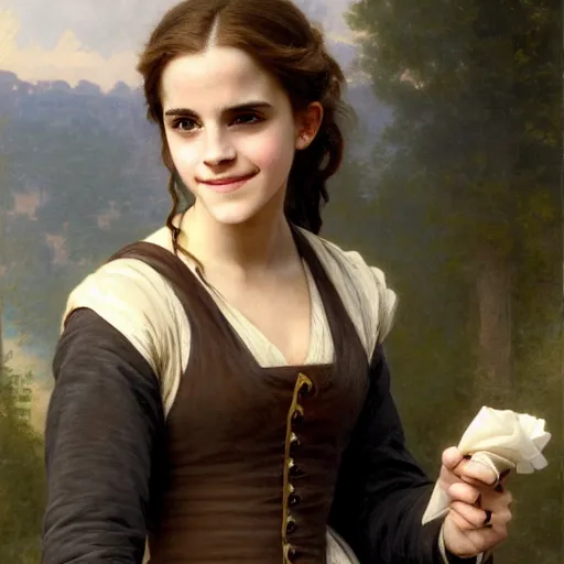 Image similar to Painting of Emma Watson as Hermione Granger. Smiling. Happy. Cheerful. Art by william adolphe bouguereau. Extremely detailed. Beautiful. 4K. Award winning.