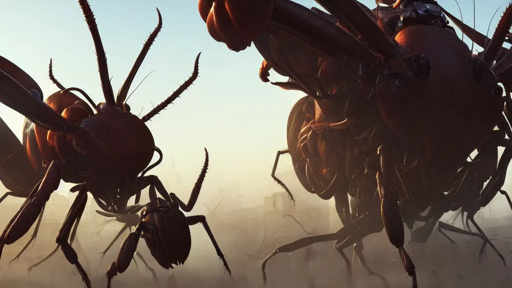 Prompt: giant insects terrorize a town, close up hyperdetailed, artstation, cgsociety, golden hour 8k