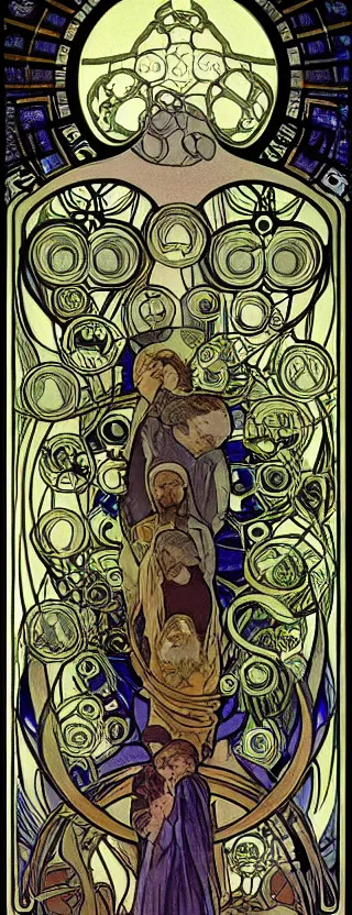 Image similar to alfonse mucha's scientist panel