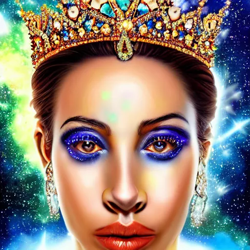 Prompt: a ultra realistic photo portrait of a sublime queen with an acurate , perfect ultra higly detailed and very very realistic wild face and ultra ultra ultra acuratr realistic wild eyes , and a crown of galaxy-colored diamonds, coming out from a colored nebula of a colored galaxy in the inner space wit hundred of stars