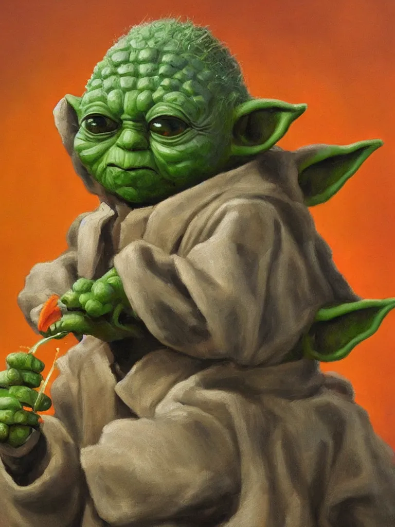 Prompt: old oil painting of a yoda eating carrot while standing on a darth vader helmet, trending on artstation