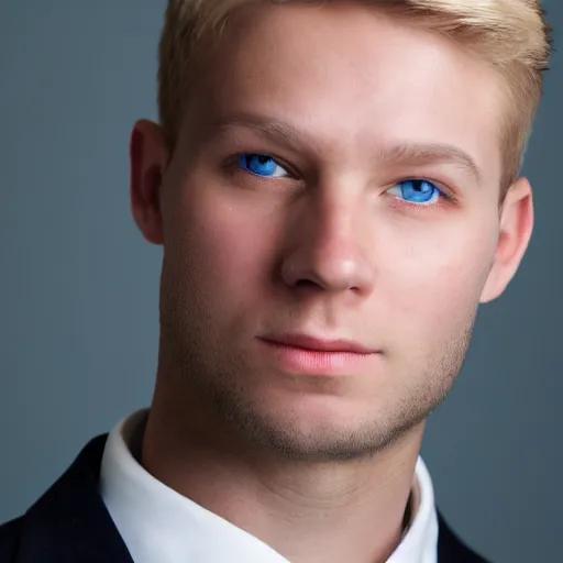 Image similar to angelic Blue eyed blond young man, corporate portait, headshot, profile