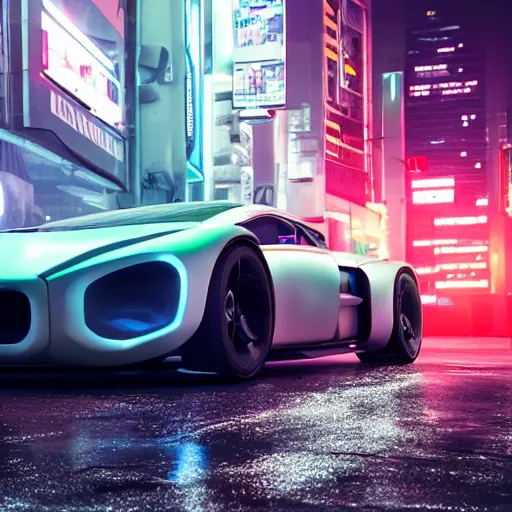 Prompt: futuristic sport car in a cyberpunk street, realistic, high details, rain, night, 4k