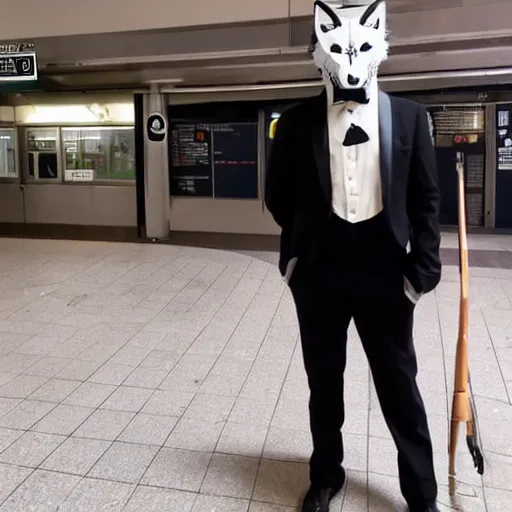 Image similar to a man in a tux wearing a white wolf mask playing the violin at a dirty metro station, unnerving, creepy, terrifying.