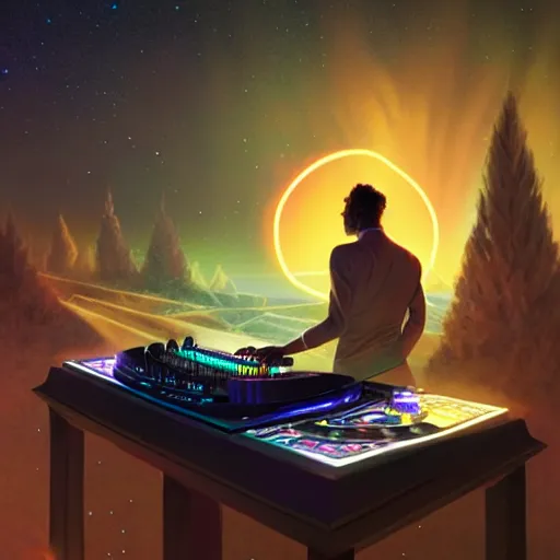 Image similar to A man djing at night under the stars, beautiful, digital art, artstation, hyperrealistic, 8k, unreal engine, octane render, trending on artstation, art by Artgerm and Greg Rutkowski and Alphonse Mucha and Beeple