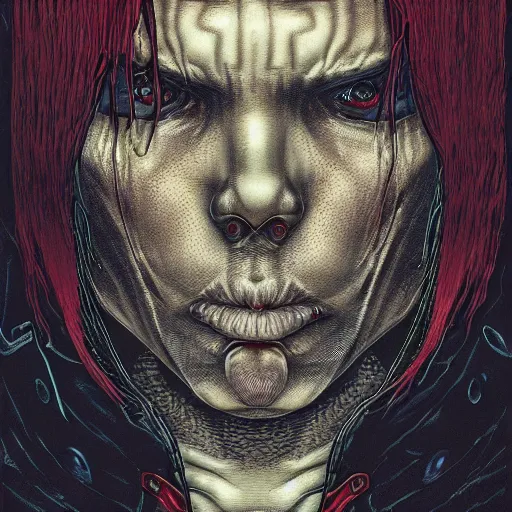 Image similar to portrait of eminem, vampire, symmetrical, by yoichi hatakenaka, masamune shirow, josan gonzales and dan mumford, ayami kojima, takato yamamoto, barclay shaw, karol bak, yukito kishiro