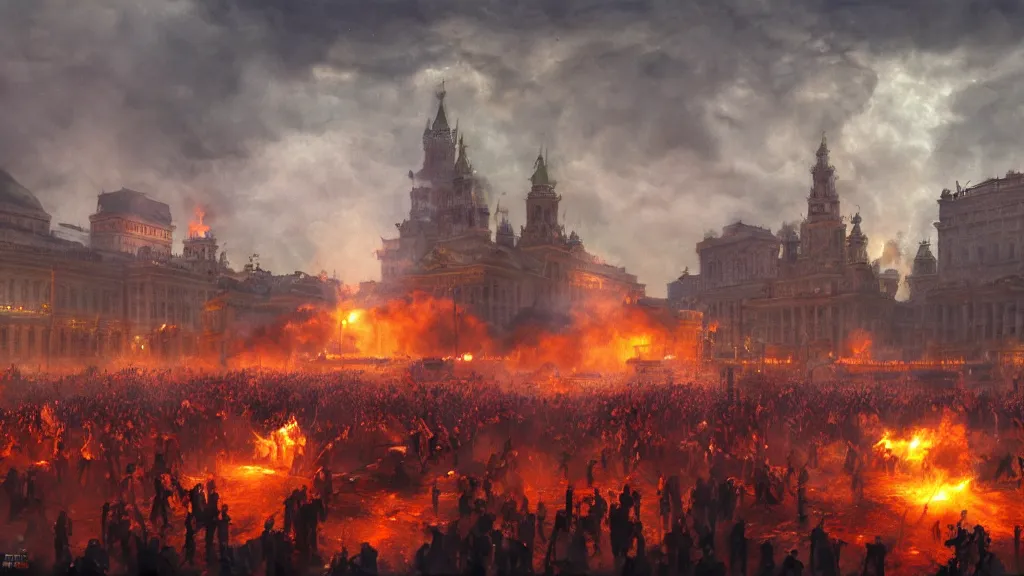 Image similar to ukranian army storming red square with fire and smoke burining in the background, lightning strikes, volumetric lightning by eugene von guerard, ivan shishkin, dramatic lighting, concept art, trending on artstation, 8 k