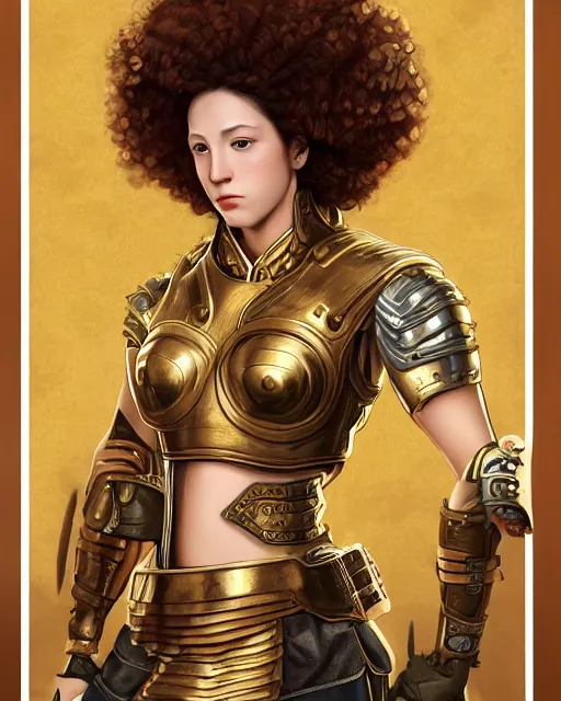 Image similar to Hyper realistic portrait of a strong female fighter with beautiful curly shiny copper hair and broad shoulders, she is from Troy and wears a golden armor, high contrast, artwork in the style of Alphones Mucha and Takumi Nagayasu and Dan Dos Santos, trending on artstation