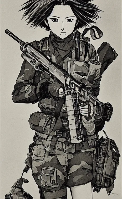Prompt: manga, monochromatic, toriyama akira, portrait of soldier girl shooting with a rifle