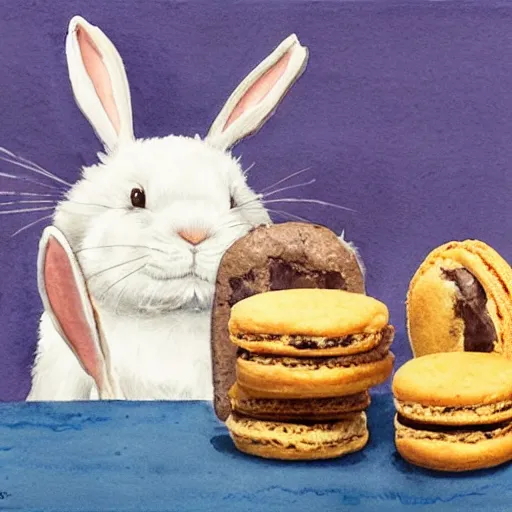 Prompt: a rabbit posing with cookies and macaroons in a kitchen, watercolour realism