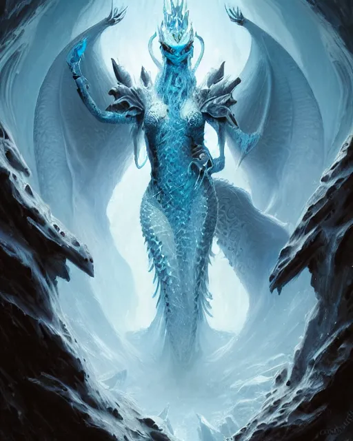 Prompt: portrait of the ice dragon queen athey, greg rutkowski, greg toccini, james gillard, joe fenton, kete butcher, dynamic lighting, gradient light blue, brown, light cream and white colors, grunge aesthetics, detailed and complex environment