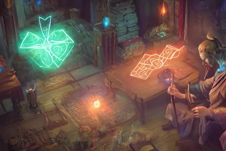 Image similar to A skilled sorcerer in their study, drawing glowing magic runic symbols in the air, enchanting objects with glyph magic, D&D fantasy setting, 4k