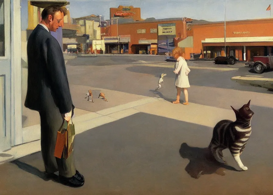 Image similar to a brownish gray tabby cat walking on its hind legs like a human shopping at costco, american realism style, edward hopper, george bellows, bo bartlett, jamie wyeth