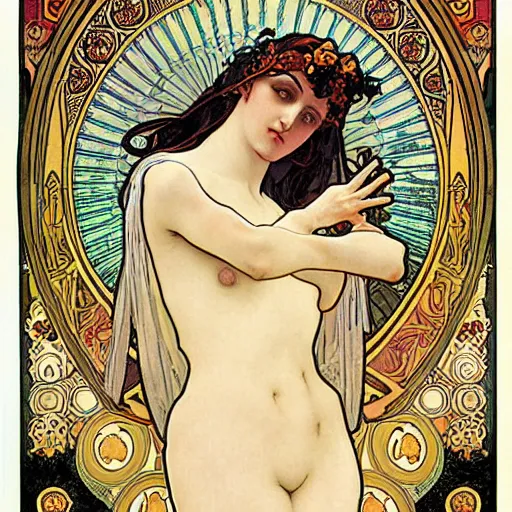 Image similar to persephone as godess of death, painted by alphonse mucha