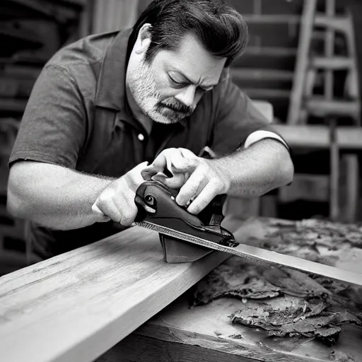 Prompt: nick offerman using a bacon saw to cut through oak, photography, highly detailed, sharp