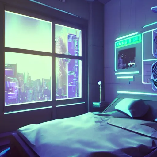 inside a girl room, cyberpunk vibe, neon glowing lights, sharp