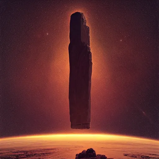 Prompt: Enigmatic black monolith in space with mysterious hieroglyphs, deeply detailed, 8k, by Beeple, Beksinski, and Hsiao-Ron Cheng