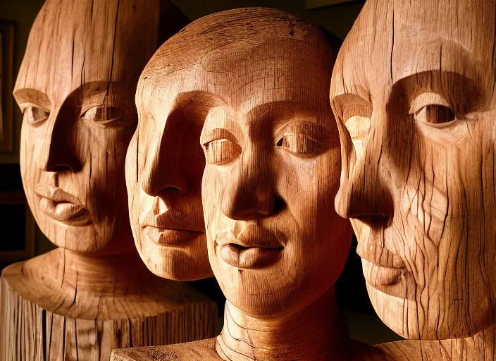 Image similar to realistic photo portrait of the a sculpture of a group portrait of heads made of wood, poorly designed in style of arte povera, fluxus, dadaism, joseph beuys, ugly made, low quality standing in the wooden polished and fancy expensive wooden museum interior room 1 9 9 0, life magazine reportage photo