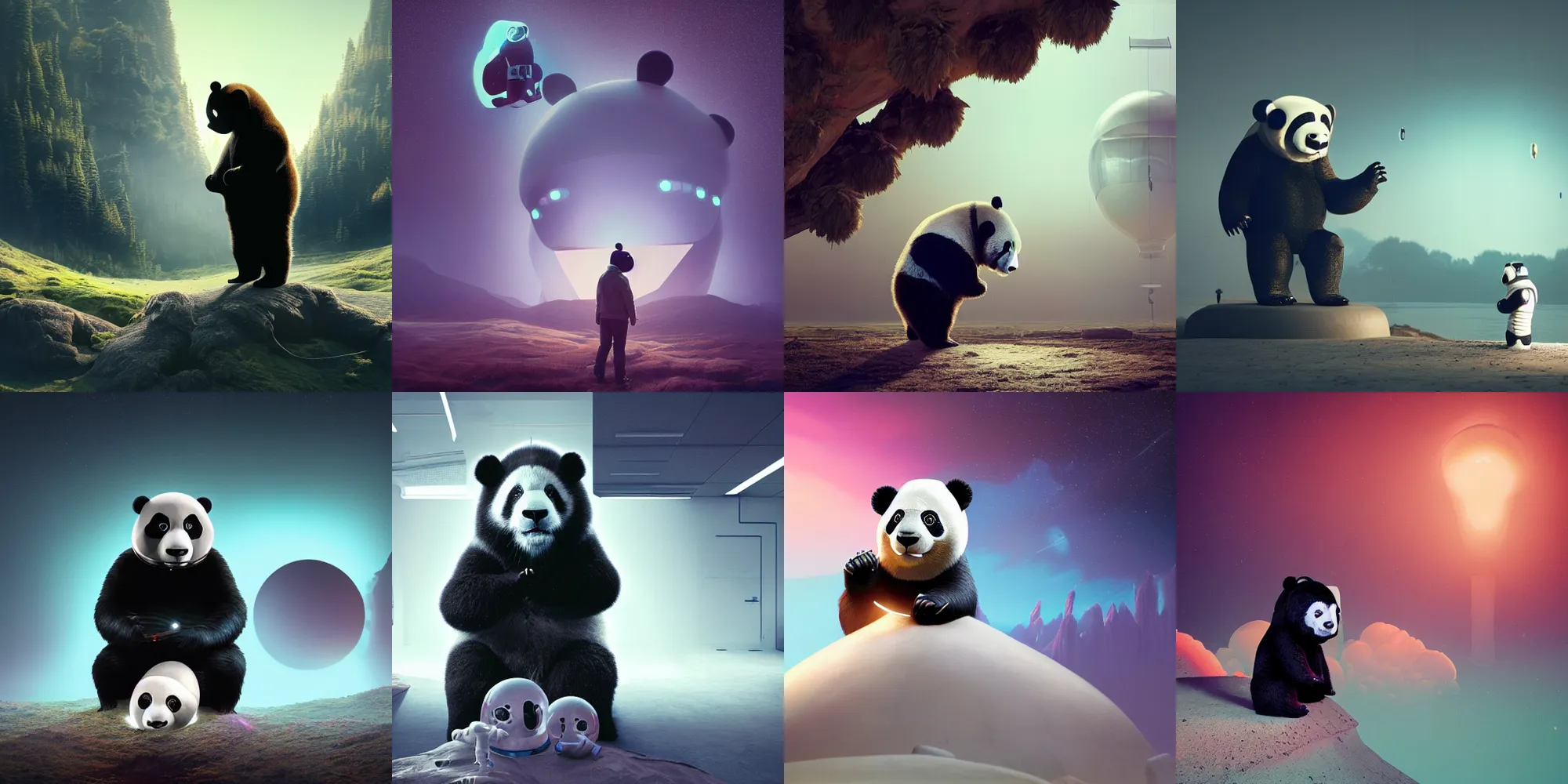 Prompt: beautiful dark landscape, panda bear wearing an astronaut helmet standing looking at a giant cyborg panda bear head, in the style of beeple and Mike Winkelmann, photo real, ultra realistic, intricate, epic lighting, 8k resolution, unreal engine 5,