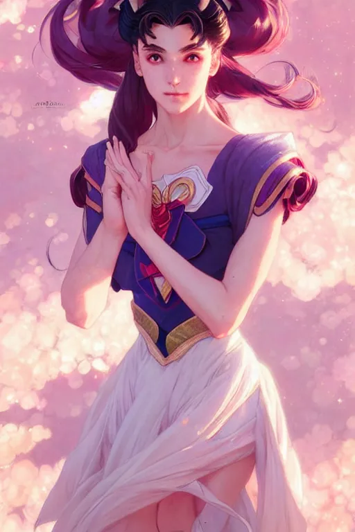 Image similar to Sailor Moon, fantasy, intricate, elegant, highly detailed, digital painting, artstation, concept art, matte, sharp focus, illustration, art by Artgerm and Greg Rutkowski and Alphonse Mucha