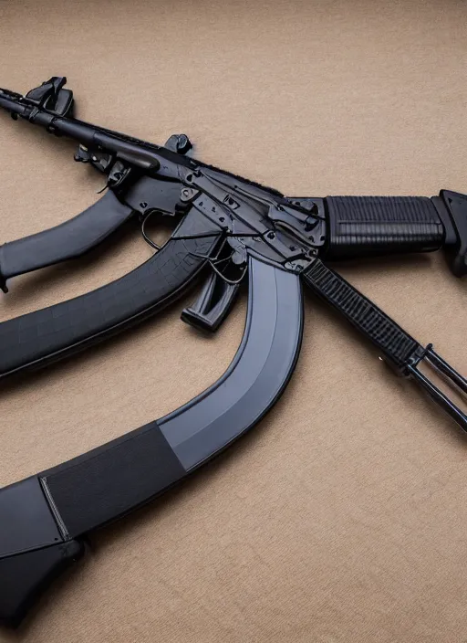 Prompt: hyperrealistic and heavy detailed product photo of ak - 7 4, in front rifle of white back drop, whole is in picture, vivid color, high quality, high textured, real life