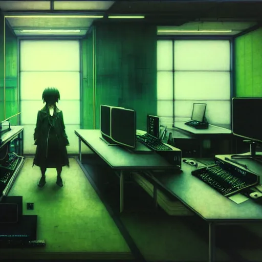 Prompt: portrait of lain iwakura, background room full of cables and computers by yoshitoshi abe, ruan jia and joao ruas, atmospheric, green and blue tones