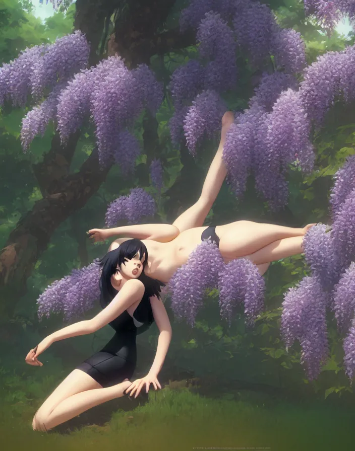 Prompt: a woman sitting under wisteria in forest, black bikini, matte, art by ilya kuvshinov and kyoto animation and ruan jia and ross tran, studio quality, aniplex,
