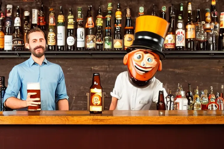 Prompt: a anthropomorphic bottle of beer, customer, stands in front of a bar waiting to be served by the bartender