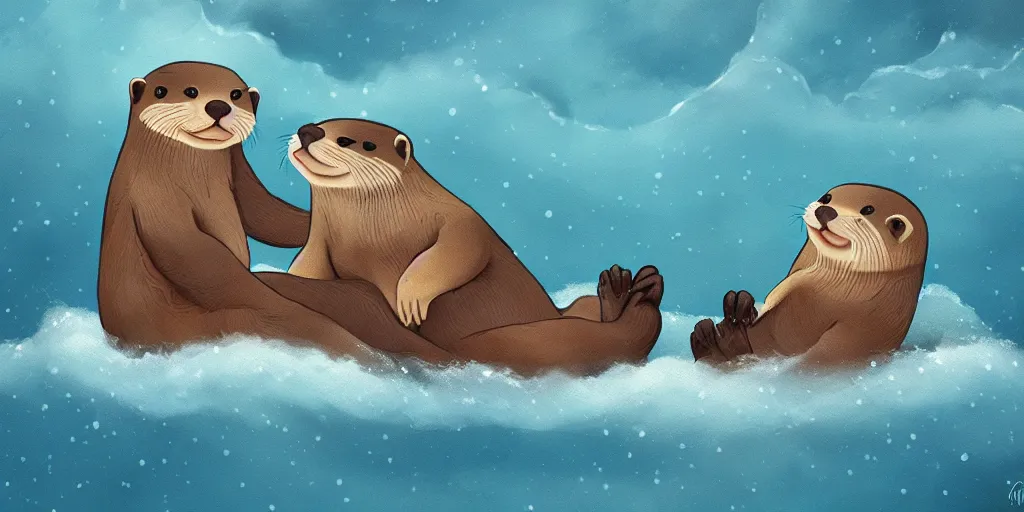 Image similar to Two adorable otters falling in love holding hands side by side, all alone in the middle of a huge storm at sea, fantasy illustration, cinematic, dreamlike, Award winning, romance, detailed trending on art station masterpiece