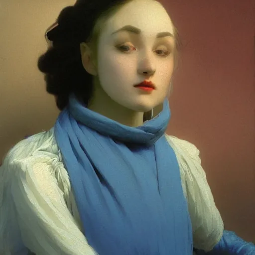 Prompt: a young woman's face, her hair is white and she wears a cobalt blue satin cloak, by ivan aivazovsky and syd mead and moebius and gaston bussiere and roger dean and pieter claesz and paul delaroche and alma tadema and willem claesz and gerard ter borch, hyperrealistic, volumetric light, octane render