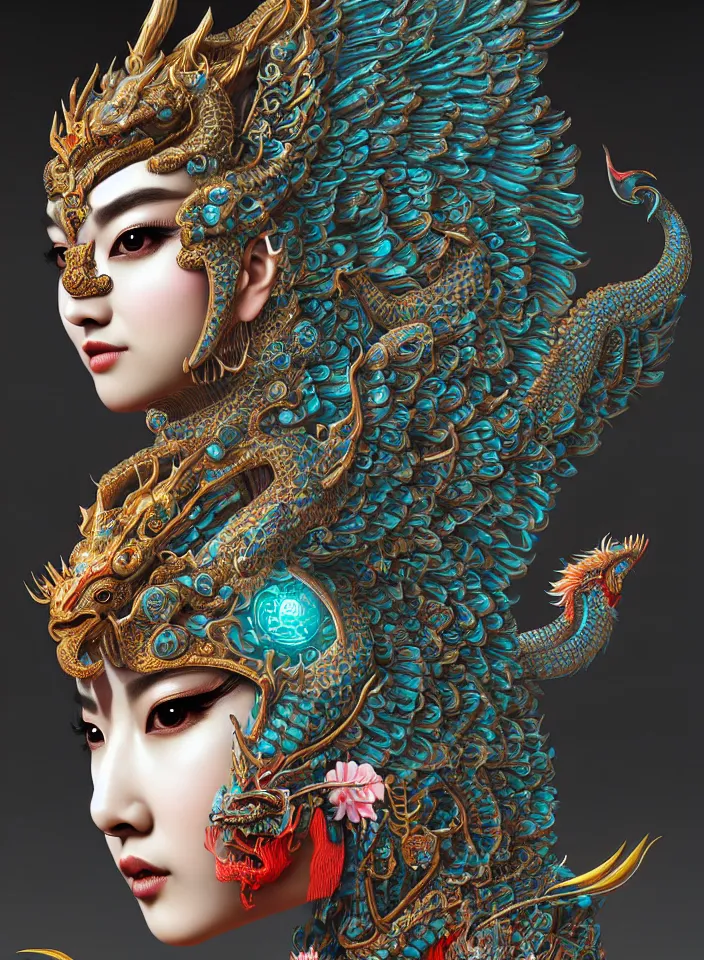 Prompt: 3 d goddess close up profile portrait with dragon skull, beautiful intricately detailed chinese opera motifs mask and clasical chinese cheongsam. crane, peacock, crap fish, bio luminescent, plasma, fire, water, wind, creature, artwork by tooth wu and wlop and beeple and greg rutkowski