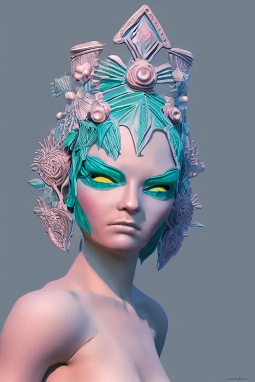 Image similar to epic 3 d sculpture of trans model, porcelain headdress, 2 0 mm, with pastel pink and cerulean hextech bursting, perlin noise melting into bulbasaur, delicate, beautiful, intricate, houdini sidefx, artstation, by jeremy mann and ilya kuvshinov, jamie hewlett and ayami kojima